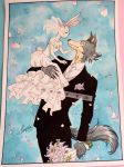  anthro beastars black_tie_(suit) blush bouquet bride canid canine canis cherry_blossom claws clothing day dress dwarf_rabbit eye_contact female flower fur grey_body grey_fur hand_on_face happy haru_(beastars) hi_res larger_male legoshi_(beastars) long_dress looking_at_another love male male/female mammal married_couple monyta_art28 necktie plant romantic_ambiance romantic_couple signature size_difference sky smaller_female suit tan_body tan_fur watermark wedding wedding_dress white_body white_fur wolf 