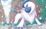  absol blue_sky bush claws cloud cloudy_sky creature day fangs full_body gen_3_pokemon grass legs_apart mizue mountain no_humans official_art open_mouth outdoors pokemon pokemon_(creature) pokemon_trading_card_game red_eyes sky solo standing 