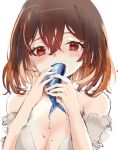  1girl bangs bare_shoulders blush breasts brown_eyes brown_hair cleavage collarbone commentary_request eating fish food hair_between_eyes highres holding holding_food looking_at_viewer medium_breasts open_mouth original sha2mo simple_background solo strapless upper_body water_drop wet white_background 