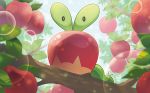 apple applin creature food fruit full_body gen_8_pokemon green_eyes looking_at_viewer mizue no_humans official_art pokemon pokemon_(creature) pokemon_trading_card_game solo 