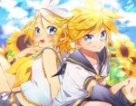  1boy 1girl bangs bare_shoulders bass_clef black_collar black_shorts blonde_hair blue_eyes bow bubble cloud cloudy_sky collar commentary crop_top day detached_sleeves field flower flower_field grey_shorts hair_bow hair_ornament hairclip hand_to_own_mouth kagamine_len kagamine_rin knees_up leg_warmers looking_at_viewer nail_polish neckerchief necktie nyaumineko open_mouth outdoors sailor_collar school_uniform shirt short_hair short_ponytail short_shorts short_sleeves shorts sitting sky smile spiked_hair sunflower swept_bangs vocaloid white_bow white_shirt yellow_nails yellow_neckwear 