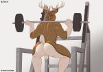  2020 antlers back_muscles backsack balls batch_(righthandtoaster) bodily_fluids butt cervid crouching exercise genitals gym_equipment hair hi_res horn male mammal nude perineum rear_view shiuk solo sweat text url 
