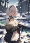  1girl absurdres anchor_choker azur_lane bare_tree black_gloves breasts cirilla cleavage forest fur_trim gloves hairband highres looking_at_viewer nature open_mouth pleated_skirt red_eyes short_hair sirius_(azur_lane) skirt snow solo stream tree white_hair 