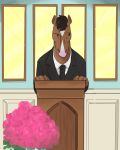  2018 anthro black_mane bojack_horseman bojack_horseman_(character) diamond_(marking) equid equine facial_markings flower funeral head_markings horse ink_pocket mammal mane markings necktie netflix plant podium window 