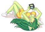  2020 big_breasts bottomwear breasts cervid cleavage clothed clothing female fur green_body green_fur green_hair hair hi_res horn kirby_(series) legwear looking_at_viewer mammal nails neonway nintendo nintendo_3ds nintendo_ds_family shirt shorts simple_background socks teeth topwear video_games 