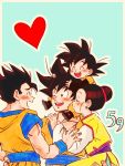  1girl 3boys ;d ^_^ aqua_background black_hair blush border brothers carrying chi-chi_(dragon_ball) china_dress chinese_clothes closed_eyes dougi dragon_ball dragon_ball_z dress earrings family father_and_son fingernails hair_bun hand_on_another&#039;s_shoulder hands_on_another&#039;s_head happy happy_tears heart jewelry looking_at_another mother_and_son multiple_boys number one_eye_closed open_mouth outline pectorals profile shoulder_carry siblings simple_background smile son_gohan son_gokuu son_goten sora_(happygreencandy) tears teeth upper_body white_border white_outline yellow_dress 