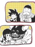  1girl 3boys :/ :d :o ? armor bangs beard black_eyes black_hair black_headwear blunt_bangs blush book chi-chi_(dragon_ball) chinese_clothes commentary_request confused counting cup dougi dragon_ball dragon_ball_(classic) facial_hair father_and_daughter fingernails gloves grandfather_and_grandson grandpa_gohan gyuu_mao hands_on_own_cheeks hands_on_own_face hat helmet hime_cut holding holding_book holding_cup horns monkey_tail multiple_boys mustache old_man open_book open_mouth polka_dot polka_dot_background smile son_gokuu sora_(happygreencandy) sparkle spiked_hair straight_hair tail teeth thick_eyebrows tongue white_background yellow_background 