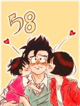  1boy 2girls beige_background black_hair blush bob_cut border carrying cheek_kiss closed_eyes collared_shirt couple dragon_ball dragon_ball_z dress_shirt eyelashes family father_and_daughter fingernails glasses hand_on_another&#039;s_shoulder happy_tears heart hetero hug jacket kiss looking_up mother_and_daughter multiple_girls number outstretched_arms pan_(dragon_ball) pink_shorts red_jacket shiny shiny_hair shirt short_hair short_sleeves shorts simple_background son_gohan sora_(happygreencandy) straight_hair sweatdrop tears very_short_hair vest videl wavy_mouth white_shirt yellow-framed_eyewear 