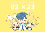  &gt;_&lt; 1girl 2boys bangs bare_shoulders black_collar black_sleeves blue_eyes blue_hair blue_scarf bow chibi closed_eyes collar commentary crop_top cropped_torso dated detached_sleeves expressionless facing_another facing_viewer fang hair_bow hair_ornament hairclip headphones headset heart holding_hands kagamine_len kagamine_rin kaito looking_at_viewer multiple_boys necktie open_mouth sailor_collar sandwiched scarf school_uniform shirt short_hair short_ponytail short_sleeves sinaooo smile spiked_hair sweatdrop swept_bangs translated upper_body vocaloid white_bow white_coat white_shirt yellow_neckwear 