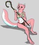  2020 anthro black_nose breasts brown_eyes canid canine canis esde female fur grey_background hi_res holding_object holding_staff mammal pink_body pink_fur simple_background sitting staff wolf 