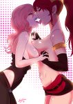  2girls absurdres artist_name blush breast_press breasts brown_eyes closed_eyes elbow_gloves french_kiss from_side gloves highres holding_hands jewelry kiss long_hair looking_at_another medium_breasts multiple_girls navel neo_politan nipples open_mouth pants pink_hair ponytail pyrrha_nikos red_hair rwby saliva skirt stomach sweat sytokun thighs tongue tongue_out topless yuri 