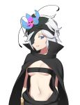  1girl bandeau black_cape blue_eyes breasts cape eyepatch flamie_speeddraw flower hair_flower hair_ornament hairband highres hood_(james_x) looking_at_viewer midriff navel parted_lips rokka_no_yuusha short_hair simple_background solo underboob upper_body white_background white_hair 