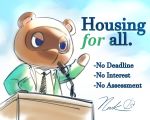  5:4 angry animal_crossing anthro blue_eyes brown_body brown_fur canid canine clothed clothing english_text fur half-closed_eyes hi_res male mammal microphone narrowed_eyes necktie nintendo podium procyonid raccoon raccoon_dog raised_arm round_ears solo stupjam suit text tom_nook_(animal_crossing) toony video_games 