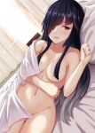 1girl bed bedroom black_hair blush bondo_(borndragon) breasts collarbone commentary_request cover cover_page doujin_cover eyebrows_visible_through_hair groin hair_censor hair_over_one_eye hayashimo_(kantai_collection) jewelry kantai_collection long_hair lying medium_breasts nude on_side open_mouth purple_eyes rating ring solo stomach very_long_hair wedding_band window 