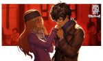  1boy 1girl amamiya_ren black_hair black_jacket blonde_hair closed_eyes commentary_request couple dated glasses hand_kiss hand_on_own_face headband hetero highres holding_hand ikeda_(cpt) jacket kiss mifune_chihaya persona persona_5 purple_jacket scarf twitter_username 