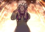  2boys aqua_eyes arm_support aura backlighting blonde_hair blood blood_from_mouth blood_on_face blurry bokeh collarbone commentary_request depth_of_field dirty dirty_face dougi dragon_ball dragon_ball_z father_and_son finger_to_face from_above frown full_body kneeling light_particles light_rays looking_at_viewer male_focus mattari_illust multiple_boys muscle open_mouth pectorals pov shaded_face shadow son_gohan son_gokuu sparkle spiked_hair super_saiyan_2 sweatdrop twitter_username wristband 
