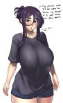  1girl baggy_clothes black_shirt blue_shorts breasts curvy english_commentary hair_between_eyes hair_up highres large_breasts looking_at_viewer original pajamas_challenge parted_lips purple_eyes purple_hair roresu shirt short_shorts short_sleeves shorts sidelocks standing t-shirt thick_eyebrows thighs 