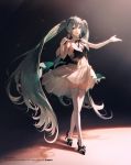  1girl :d artist_request bangs bare_shoulders black_bow black_footwear black_neckwear black_ribbon bow bow_footwear bowtie crossed_legs dress dress_lift elbow_gloves full_body gloves green_eyes green_hair hair_between_eyes hairband hatsune_miku high_heels long_hair looking_at_viewer miku_symphony_(vocaloid) open_hand open_mouth outstretched_arm piapro pleated_dress rella ribbon shadow sleeveless smile solo sparkle standing thighhighs twintails very_long_hair vocaloid watermark web_address white_dress white_gloves white_legwear wind wind_lift zettai_ryouiki 