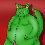  2020 animal_genitalia animal_penis anthro belly bigbelly canid canine canis digitalmedia(artwork) erection fur genitals green_body green_fur hair inflation luankct_(artist) male mammal maujoa_(character) nude overweight penis simple_background solo wolf 