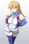  1girl blonde_hair breasts brown_eyes closed_mouth commentary_request cosplay danpu gloves highres large_breasts long_hair looking_at_viewer shiny shiny_skin shorts simple_background smile solo tenjouin_asuka yuu-gi-ou yuu-gi-ou_gx yuu-gi-ou_vrains 