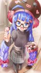  blue_eyes blue_hair bow box_of_chocolates braid brown_headwear brown_sweater chocolate commentary_request daidou_(demitasse) door doorway eel_hat fang glasses hair_bow hair_ornament heart heart-shaped_food heart_hair_ornament highres holding_chocolate indoors long_hair looking_at_viewer one_eye_closed open_mouth otomachi_una pantyhose plaid plaid_skirt red_bow ribbed_sweater semi-rimless_eyewear skirt sweater twin_braids valentine very_long_hair vocaloid wooden_floor 