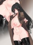  1girl absurdres bangs black_hair black_legwear blush breasts brown_eyes censored exhibitionism high_ponytail highres huge_breasts jacket long_hair looking_at_viewer mimyo mosaic_censoring navel nipples open_clothes open_jacket original pussy smile solo thighhighs vibrator wavy_mouth 
