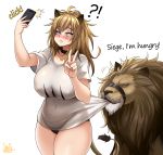  ! 2020 5_fingers ? ambiguous_gender animal_humanoid arknights big_breasts blush breasts cellphone clothed clothing collar dialogue duo english_text felid felid_humanoid female feral fingers gesture hair hi_res holding_object holding_phone humanoid jmg lion lion_humanoid long_hair mammal mammal_humanoid nipple_outline pantherine pantherine_humanoid phone selfie shirt shirt_pull siege_(arknights) simple_background text topwear underwear v_sign white_background yellow_eyes 