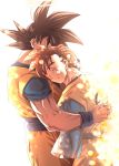  2boys amputee backlighting black_hair blurry bokeh closed_eyes closed_mouth clothes_writing commentary_request depth_of_field dougi dragon_ball dragon_ball_z expressionless father_and_son fingernails halo hand_on_another&#039;s_back hand_on_another&#039;s_head happy hug light_particles light_smile male_focus mattari_illust multiple_boys profile scar scar_across_eye shaded_face son_gohan_(future) son_gokuu spiked_hair twitter_username wristband 