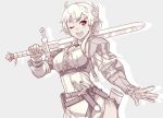  1girl :d ahoge armor breasts cleavage dagger drop_shadow gloves grey_background hair_ribbon head_wings holding holding_sword holding_weapon itou_(onsoku_tassha) large_breasts looking_at_viewer one_eye_closed open_mouth original over_shoulder panties pointy_ears ribbon scabbard sheath short_hair shoulder_armor side-tie_panties sidelocks smile solo spaulders standing sword two-handed_sword underwear unsheathed weapon weapon_over_shoulder 