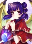  1girl bangs blurry blurry_background blush capelet closed_mouth commentary_request crystal depth_of_field double_bun dragon_wings eyebrows_visible_through_hair fire_emblem fire_emblem:_the_sacred_stones glowing green_wings hands_up highres jacket looking_at_viewer manakete myrrh_(fire_emblem) purple_hair red_capelet red_eyes red_jacket satoimo_chika solo twintails upper_body wings 