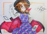  1girl bangs beluo77 bolo_tie brown_hair cape cape_billowing colored_pencil_(medium) glasses graphite_(medium) hand_up hat long_sleeves low_twintails marker_(medium) medium_hair plaid plaid_skirt plaid_vest pointing pointing_up purple_vest red-framed_eyewear school_uniform semi-rimless_eyewear shirt simple_background skirt solo touhou traditional_media twintails under-rim_eyewear usami_sumireko vest white_background white_shirt zener_card 