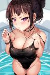  1girl black_hair breasts highres jewelry large_breasts necklace original purple_eyes swimsuit tem10 thighs water wet 