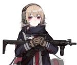  1girl assault_rifle bag bangs blonde_hair blue_jacket foregrip girls_frontline gloves gun headset holding holding_weapon id_card jacket light_smile looking_at_viewer messy_hair muzzle_brake rampart1028 red_eyes rifle scope scw_(girls_frontline) scw_(gun) short_hair simple_background solo tactical_clothes upper_body watch weapon white_background 