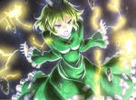  1girl angry beluo77 black_background colored_pencil_(medium) dress electricity floating floating_object graphite_(medium) green_dress green_hair hands_up hat long_skirt marker_(medium) ofuda ofuda_on_clothes short_hair skirt soga_no_tojiko solo tate_eboshi touhou traditional_media 