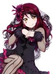  1girl blush facial_mark flower guilty_kiss_(love_live!) hair_flower hair_ornament highres lace-trimmed_veil long_hair looking_at_viewer love_live! love_live!_school_idol_project pantyhose red_hair sakurauchi_riko shiimai solo steepled_fingers tongue tongue_out veil white_background yellow_eyes 
