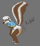  anthro biped black_nose bodily_fluids clothing crouching diaper feces genital_fluids mammal mephitid messy_diaper pooping raised_tail scat shingekiskunk shirt side_view skunk soiled_diaper soiling soiling_diaper solo topwear urine watersports wet_diaper wetting 
