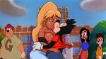  2020 big_breasts black_nose blonde_hair breasts canid canine canis clothed clothing digital_media_(artwork) disney domestic_dog female goof_troop hair hi_res huge_breasts kissing lisa_(goof_troop) male male/female mammal max_goof nipples vylfgor 