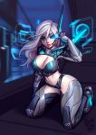  1girl alternate_costume ashe_(league_of_legends) blue_eyes blushy-pixy boobplate breastplate breasts cleavage cleavage_cutout commentary commission cyborg english_commentary full_body holographic_monitor kneeling large_breasts league_of_legends lips midriff navel neon_trim nose power_armor project:_ashe robot_joints science_fiction scouter shoulder_armor silver_hair solo thick_eyebrows thrusters 