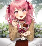  1girl :d alternate_hairstyle bang_dream! bangs blurry blurry_background blush brown_sweater cake chocolate_cake choker commentary_request cupping_hand feeding flower food fur_collar hair_ribbon incoming_food long_hair long_sleeves looking_at_viewer maruyama_aya neck_ribbon noixen open_mouth pink_eyes pink_hair plate pov_across_table pov_feeding red_choker red_neckwear red_ribbon ribbon signature slice_of_cake smile solo sweater two_side_up upper_body white_flower 
