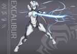  1girl absurdres blue_eyes bodysuit breasts character_name commentary_request excalibur_(warframe) glowing glowing_eyes grey_hair highres large_breasts ryuun_(stiil) short_hair warframe 