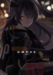  1girl black_hair blurry blurry_background bokeh brown_eyes commentary depth_of_field girls_frontline gun h&amp;k_ump45 highres hood hooded_jacket jacket joints long_hair looking_at_viewer looking_to_the_side mechanical_arm one_eye_closed one_side_up scar scar_across_eye solo submachine_gun takeka_fungi ump45_(girls_frontline) upper_body weapon 