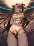  1girl absurdres bare_shoulders black_ribbon crown crystal detached_sleeves earrings elbow_gloves fate_(series) full_moon gloves hair_ribbon highres hoop_earrings ishtar_(fate)_(all) ishtar_(fate/grand_order) jewelry long_hair looking_at_viewer moon navel neck_ring open_mouth ribbon single_detached_sleeve single_elbow_glove solo standing tiara twintails two_side_up yellow_eyes 