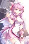  1girl absurdres blush breasts character_request clipboard duel_monster eyebrows_visible_through_hair fang garter_straps hair_ornament hairclip highres holding holding_clipboard holding_thermometer kanzakietc large_breasts long_hair looking_at_viewer maid open_mouth purple_eyes purple_hair smile solo thermometer thighhighs upper_teeth very_long_hair white_legwear yuu-gi-ou 
