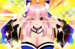  animal_ear_fluff animal_ears bare_shoulders blue_kimono blue_ribbon breasts cleavage commentary detached_sleeves double_v emotional_engine_-_full_drive fate/extella fate/extra fate/grand_order fate_(series) fox_ears fox_girl fox_tail hair_ribbon hands_up highres japanese_clothes kashima_mashino kimono large_breasts lipstick makeup nail_polish one_eye_closed parody pink_hair ribbon sparkle tail tamamo_(fate)_(all) tamamo_no_mae_(fate) v v_over_eye yellow_eyes 