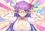  1girl bangs bb_(fate)_(all) bb_(fate/extra_ccc) bb_shot! black-framed_eyewear blush breasts choker cleavage closed_mouth collarbone double_w dress emotional_engine_-_full_drive fate/extra fate/extra_ccc fate/grand_order fate_(series) glasses hair_ribbon hands_up hat heart heart-shaped_pupils large_breasts licking_lips long_hair looking_at_viewer nurse nurse_cap one_eye_closed parody partially_unbuttoned pink_ribbon purple_eyes purple_hair rainbow_background ribbon semi-rimless_eyewear short_sleeves smile solo sparkle symbol-shaped_pupils tongue tongue_out very_long_hair vivivivi w white_choker white_dress white_headwear wrist_cuffs 