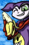  banana blue_background blue_eyes digimon digimon_(species) food fruit green_eyes half_eye_closed holding_(disambiguation) impmon inanimate_transformation kanada plant purple_body renamon simple_background teeth transformation 