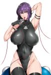  1girl arm_strap bangs black_gloves black_legwear black_leotard breasts cable covered_navel fei_(maidoll) ghost_in_the_shell gloves highleg highleg_leotard highres kusanagi_motoko large_breasts leotard looking_at_viewer mouth_hold purple_hair red_eyes short_hair simple_background solo thighhighs white_background 