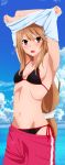  1girl absurdres armpits arms_up benjoerres bikini black_bikini brown_eyes brown_hair cloud fang highres huge_filesize long_hair looking_at_viewer ocean ookami-san ookami_ryouko open_mouth shorts shorts_down swimsuit undressing 