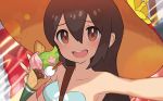  1girl :d between_breasts blush breasts brown_eyes brown_hair cleavage collarbone face food hair_between_eyes hat holding holding_food ice_cream_cone long_hair looking_at_viewer medium_breasts official_art open_mouth pokemon pokemon_(game) pokemon_sm pokemon_trading_card_game saitou_naoki sidelocks sightseer_(pokemon) smile solo strap_between_breasts sun_hat 