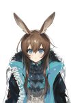  1girl amiya_(arknights) animal_ears arknights ascot black_jacket brown_hair bunny_ears frilled_ascot frills hair_between_eyes hood hood_down hooded_jacket jacket jewelry long_hair lunch_(lunchicken) neck_ring open_clothes open_jacket sidelocks solo 